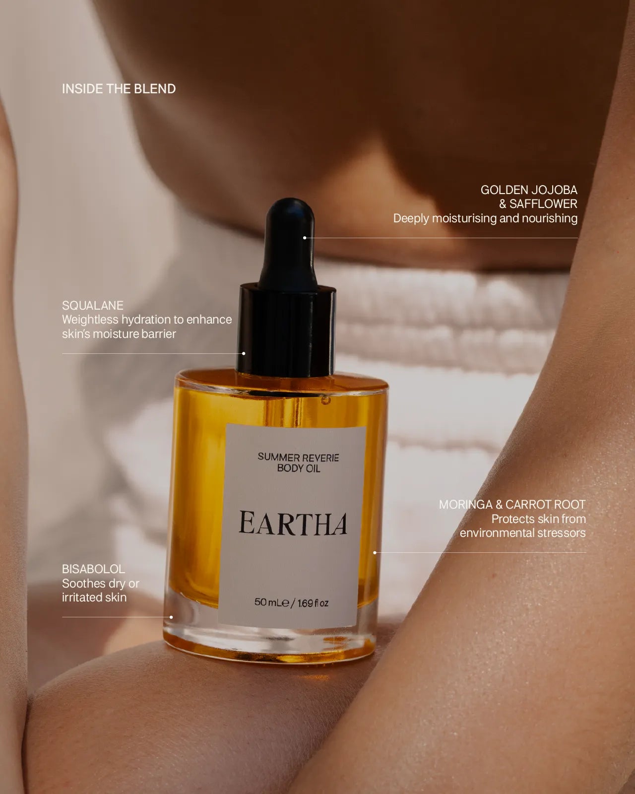 Eartha body oil bottle with dropper on a blurred skin background with details of its key ingredients